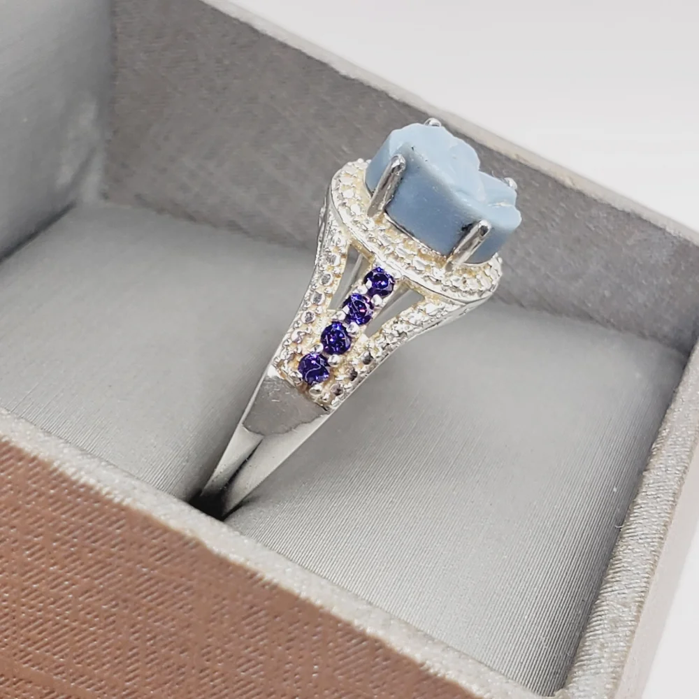 Genuine Rough Cut Blue Oregon Opal & Purple Diamond Simulants 925 Silver Ring